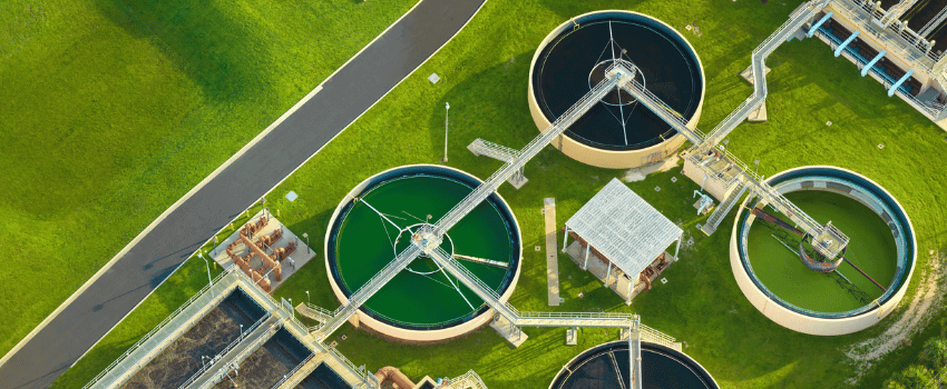 Aerial view of modern water cleaning facility at urban wastewater treatment plant